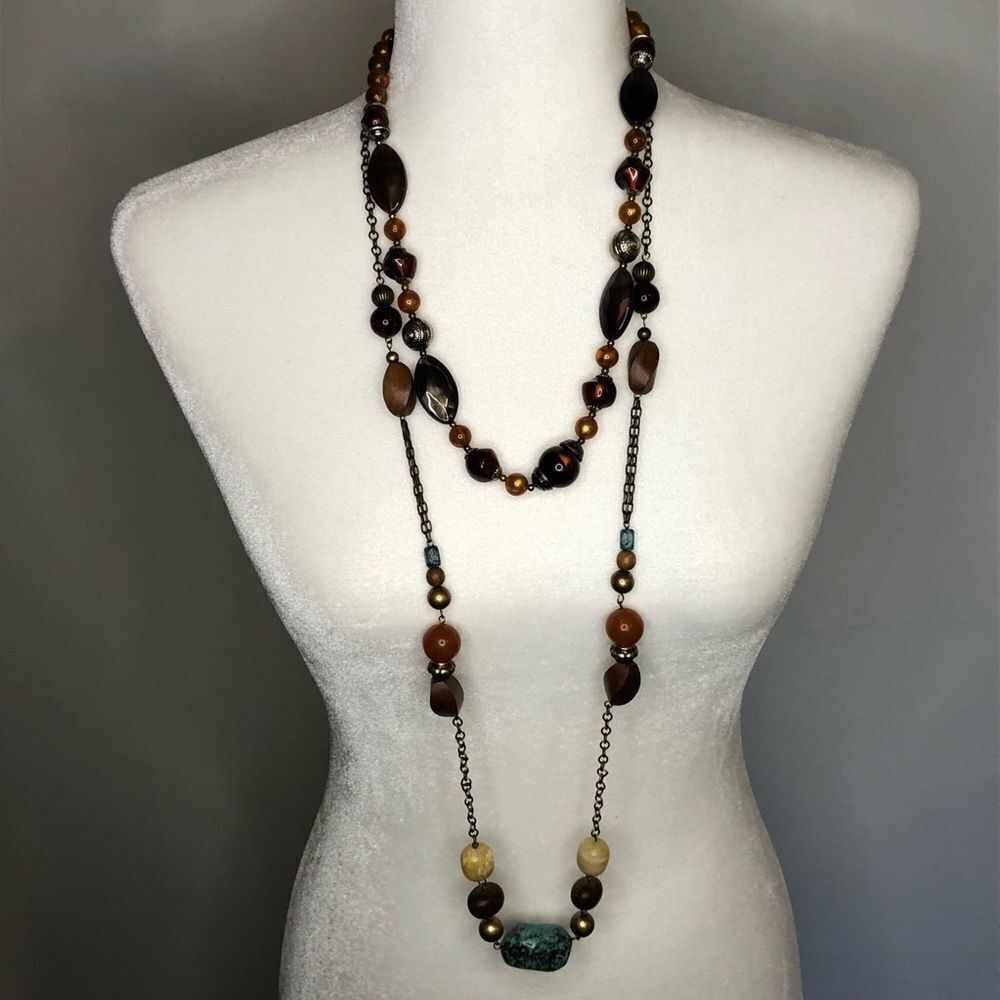 Lot of 2 Brown, Orange and Red Beaded Necklaces